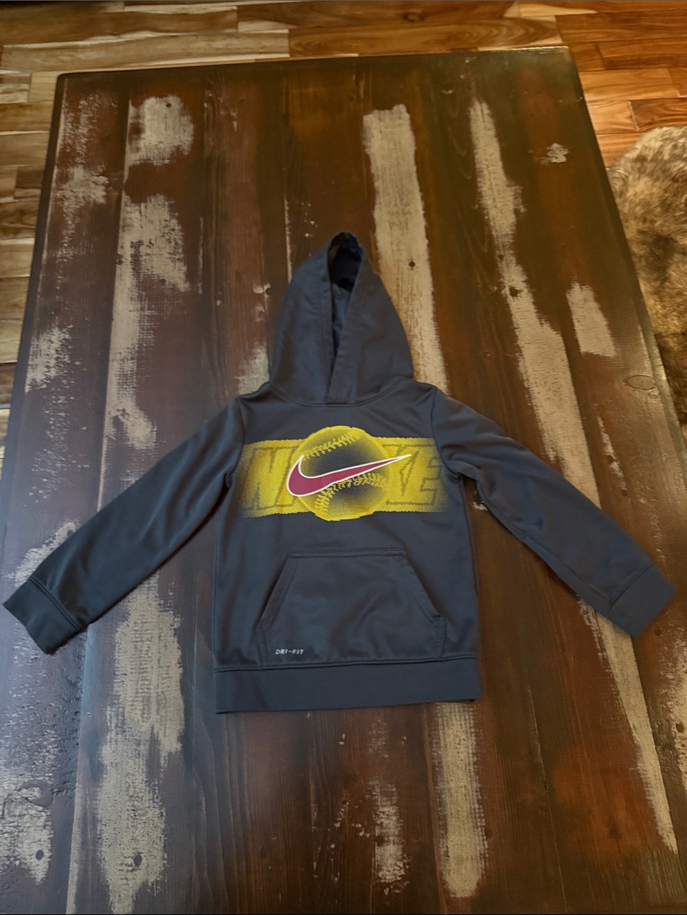 Nike Kids Dark Gray Hoodie with Yellow Tennis Graphic and Pink Swoosh